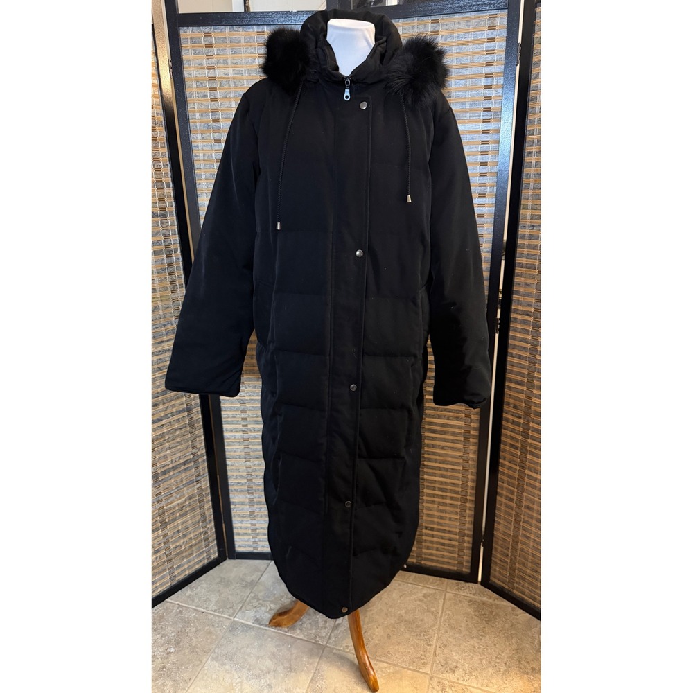 London Fog Puffer Coat Women XL Black Long Down Fox Fur Trim Hooded Parka